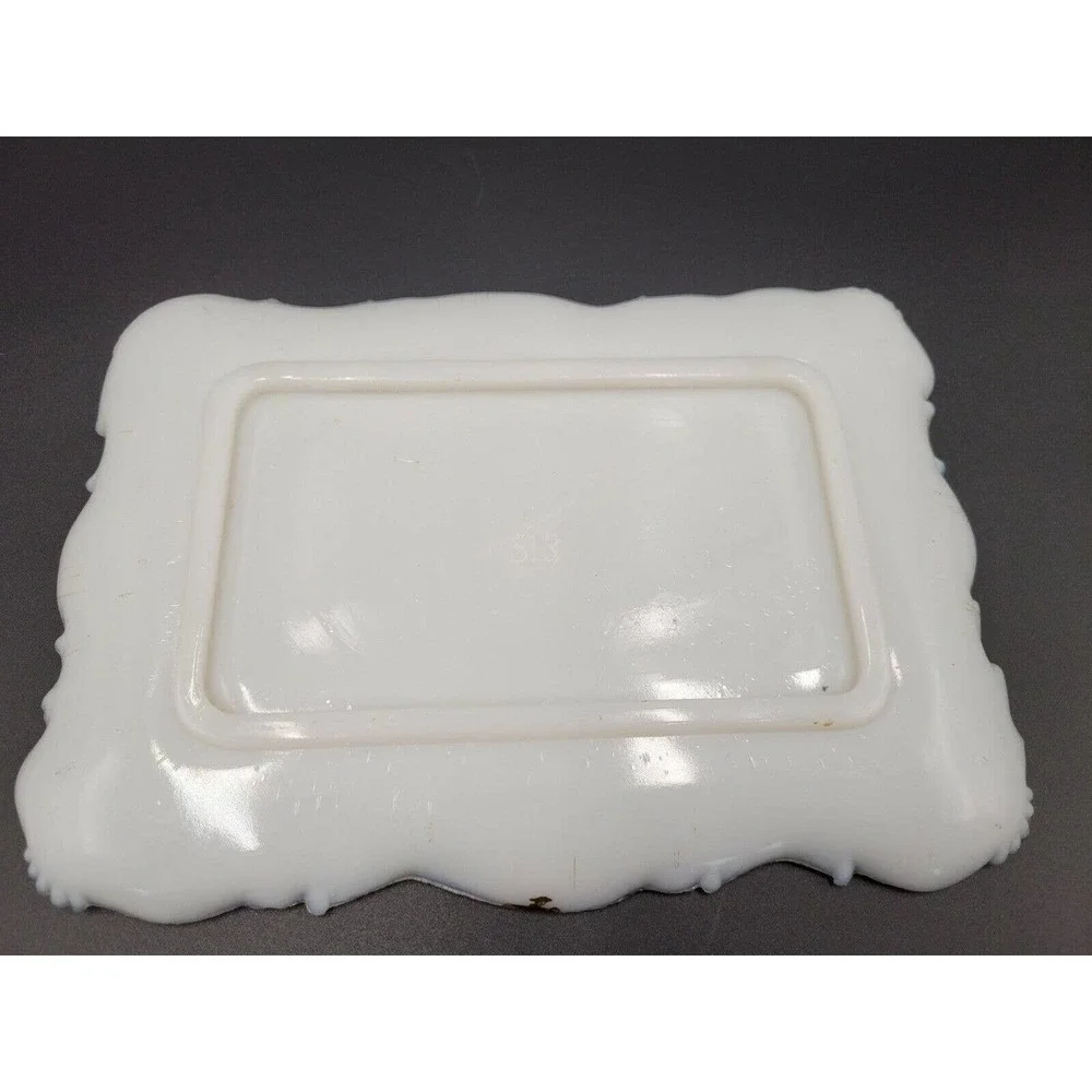 ATQ Milk Glass Vanity Tray Powder Trinket Box Victorian #513 Gold Tone Trim